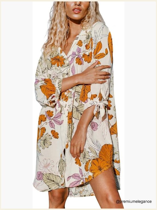 Dresses & Skirts - Mini Summer Dress Cover Up Oversize Floral Shirt 3/4 Sleeve Cuff Tie Button